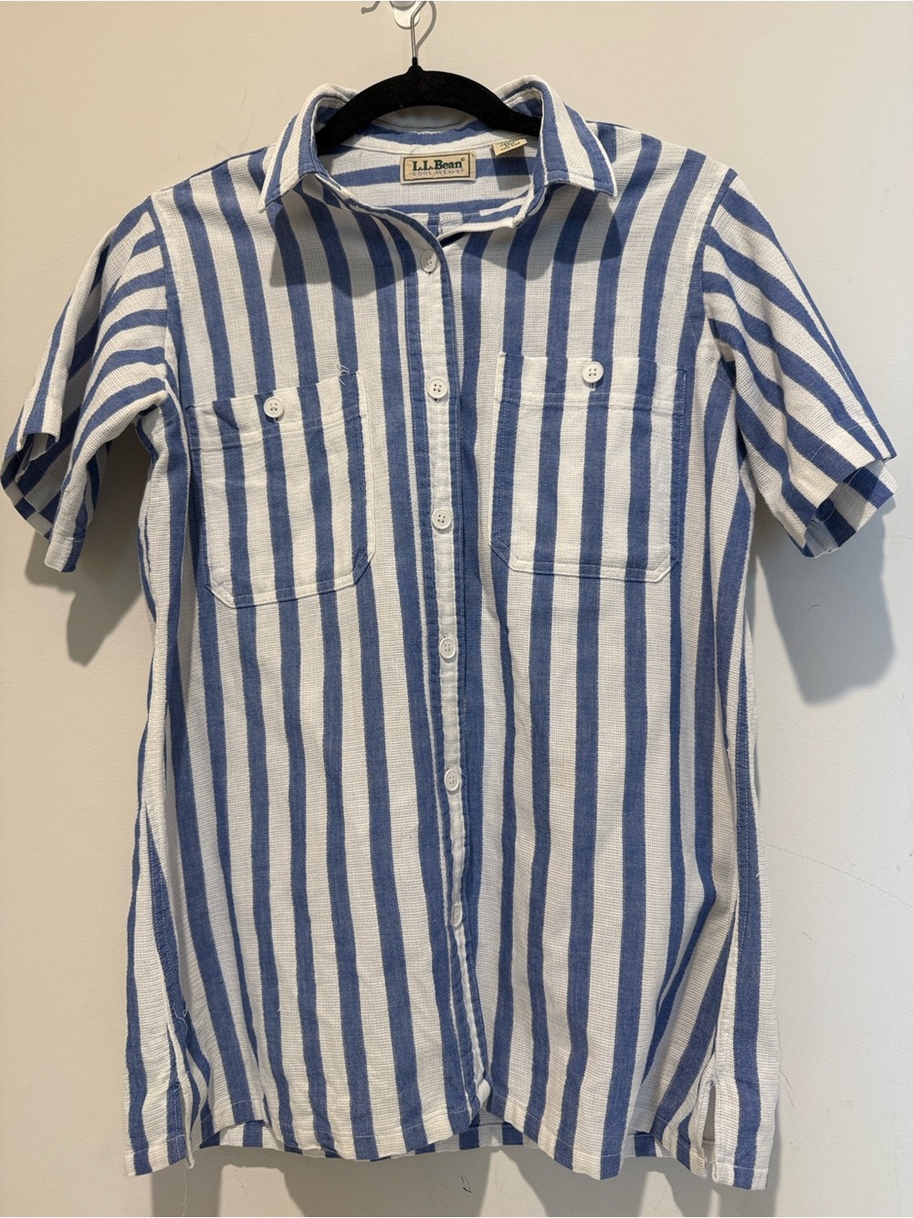 L.L. Bean Blue and White Vertical-Stripe Short-Sleeve Button-Down